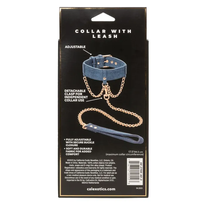 California Exotics Vibrators California Exotics Ride em Premium Denim Collection Collar with Leash Blue