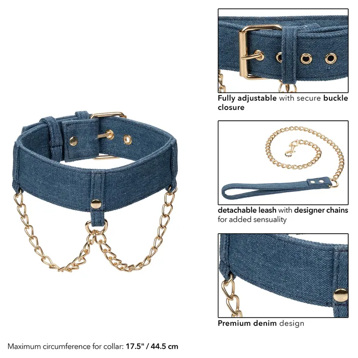 California Exotics Vibrators California Exotics Ride em Premium Denim Collection Collar with Leash Blue