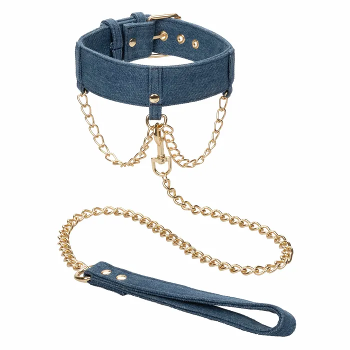 California Exotics Vibrators California Exotics Ride em Premium Denim Collection Collar with Leash Blue