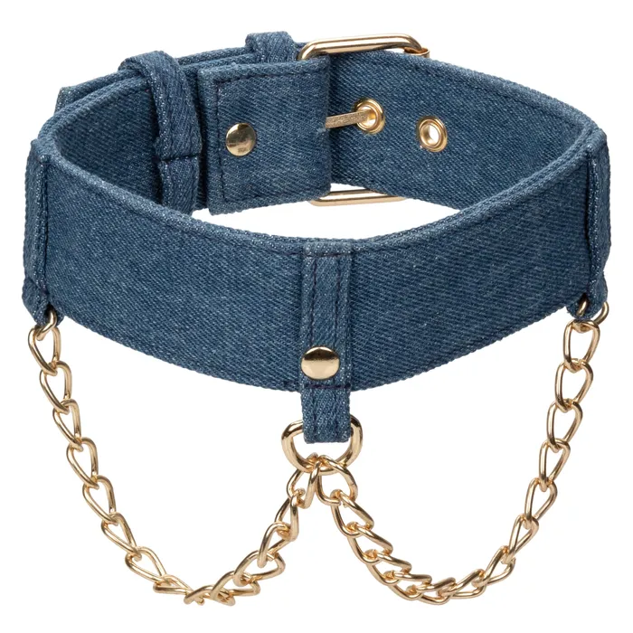 California Exotics Vibrators California Exotics Ride em Premium Denim Collection Collar with Leash Blue