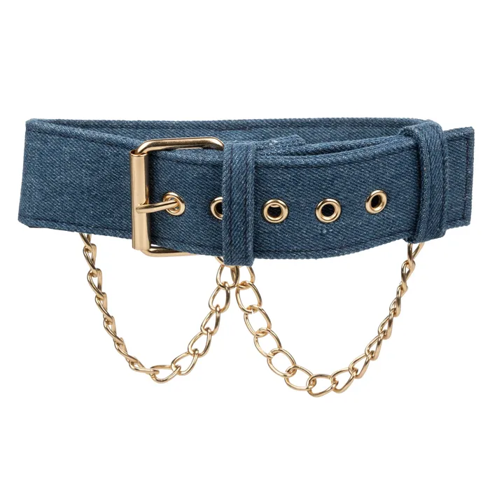 California Exotics Vibrators California Exotics Ride em Premium Denim Collection Collar with Leash Blue