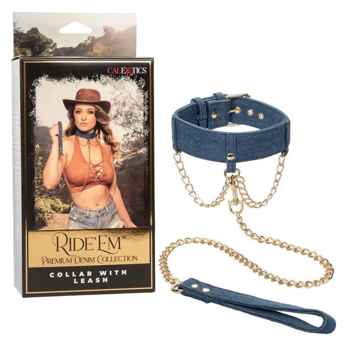 California Exotics Vibrators California Exotics Ride em Premium Denim Collection Collar with Leash Blue