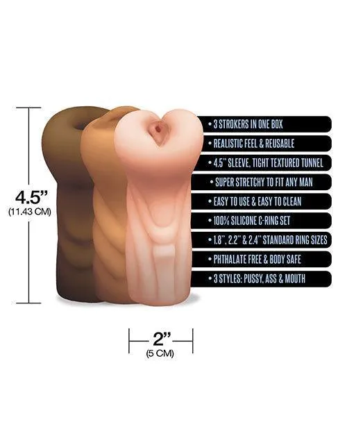 Global Novelties LLC Male Sex Toys Mstr B8 Stroker Set Wcrings Assorted Pack Of 3