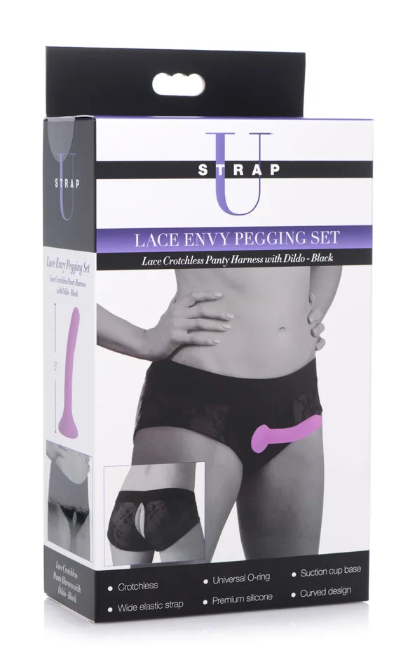 Female Sex Toys XR Brands Lace Envy Black Pegging Set with Lace Crotchless Panty Harness and Dildo LXL